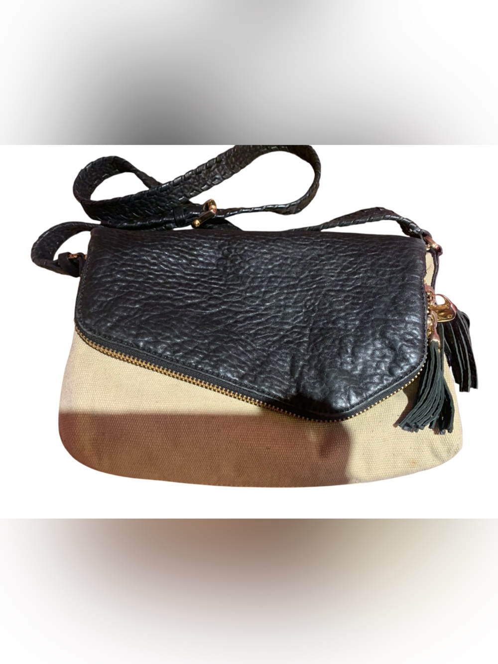 Henri Bendel Black and Cream Crossbody Bag with Braided Strap